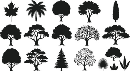 Collection of Tree Silhouettes, Diverse Tree Shapes, Nature Elements, Perfect for Design Projects, Adobe Stock, SEO Optimized, Botanical Vector Illustration