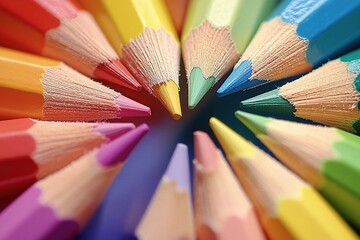 A detailed macro shot of colorful pencils arranged in a circular pattern with their sharpened tips pointing inward. The pencils display a spectrum of colors from red to violet.
