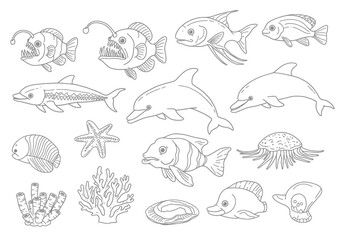 A Whimsical Collection of Aquatic Creatures and Ocean Life Depicted in a Charming Sketch Style Illustrating the Diversity of Marine Biodiversity