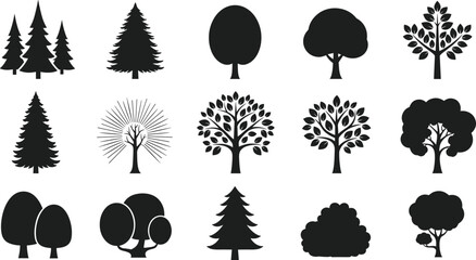 Collection of Tree Silhouettes, Nature Icons, Forest Elements, Botanical Shapes, Minimal Design, Vector Art, Black and White, Graphic Illustration