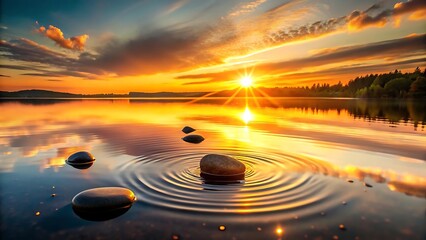 Beautiful sunset over a tranquil lake with stones and reflections in water