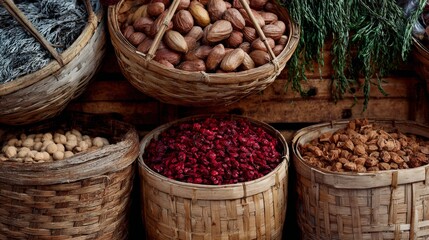 Rustic baskets filled with spices and grains displayed in traditional market setting environment