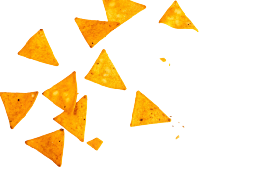 modern detailed professional high quality Yellow Triangular Tortilla Chips on a Black Background
