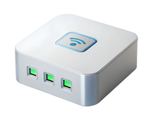 Wireless wifi router or hub with indicator lights, isolated on transparent background