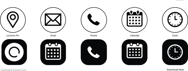 contact essentials icon set, location email phone calendar clock, circular and square format, labeled UI symbols, black vector graphic pack