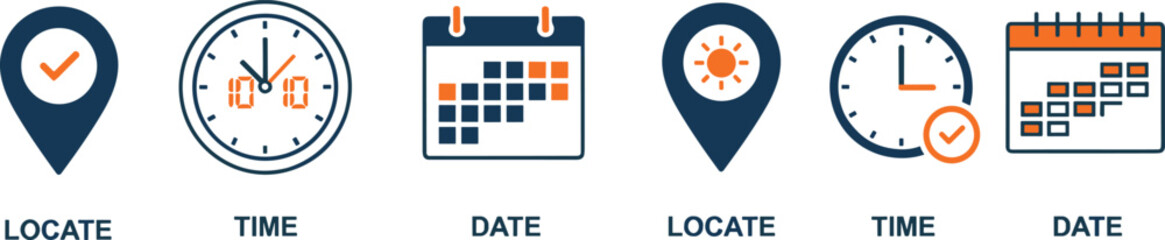 contact icon set, locate time date, labeled UI symbols, calendar clock location, black vector graphics, interface essentials, digital communication icons