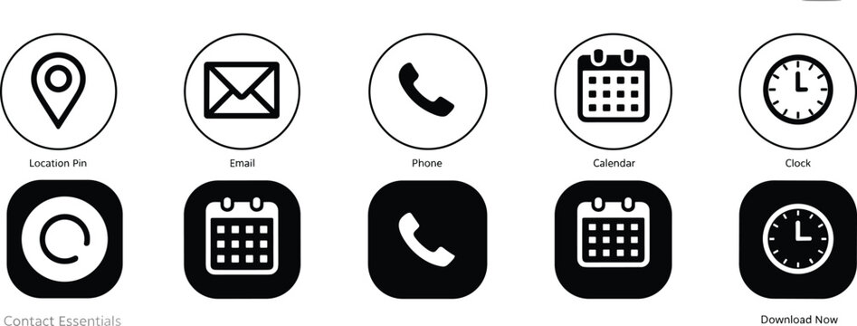 contact essentials icon set, location email phone calendar clock, circular and square format, labeled UI symbols, black vector graphic pack