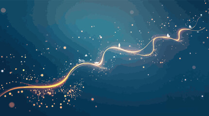 Glowing Winding Path with Tiny Silhouettes and Sparkles on Dark Blue Background abstract adventure.