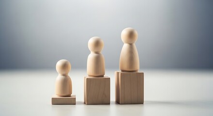 Three wooden figures representing growth and development on ascending blocks, symbolizing progress and success in business or personal life