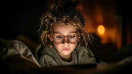Young girl engrossed in tablet screen with warm light, bedtime story, focused face, wearing glasses, cozy blanket, learning, nighttime, modern lifestyle