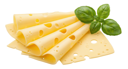 Isolated swiss cheese slices with basil