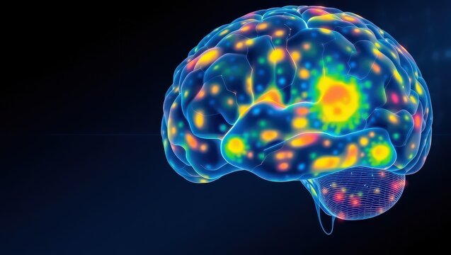 A glowing brain with colorful spots against a dark background showing brain activity and function