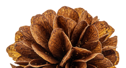 Large dried brownish yellow flower with intricate overlapping petals against a black background