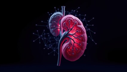 Anatomical illustration of kidneys with intricate network on a stark black background