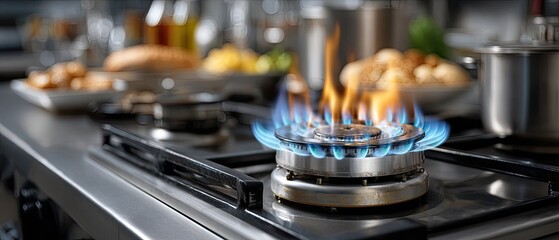 Bright flames flicker on the stovetop as various ingredients and dishes create a lively atmosphere in a contemporary kitchen