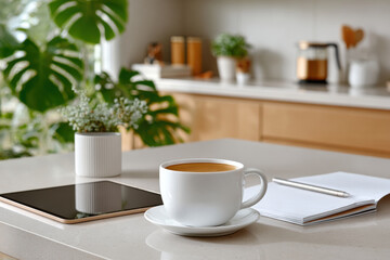 Coffee cup, digital tablet and notebook placed on kitchen table, plants decorating the room