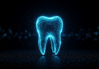 Digital tooth illustration glowing with blue light on a dark background representing modern dental technology