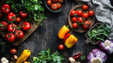 Flat lay of fresh vegetables on black cutting board with tomatoes peppers and herbs