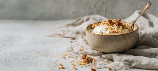 The Bowl of Yogurt and Granola on Linen with Spoon and Crumble in Rustic Setting