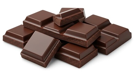 Pile of Dark Chocolate Squares Isolated on White Background Delicious Sweet Snack