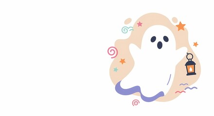 Cute cartoon ghost holding a lantern surrounded by colorful stars  