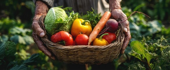 The basket of fresh garden vegetables held by weathered hands in soft sunlight
