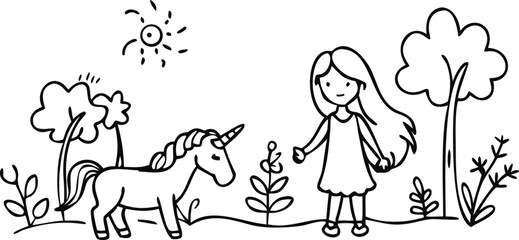 Whimsical Line Art Drawing of a Girl Meeting a Unicorn in a Magical Meadow fantasy