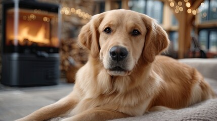 A golden retriever relaxes on a modern sofa, surrounded by a cozy atmosphere featuring a warm fireplace and wooden decor