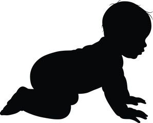 Baby silhouette crawling, isolated on white background, symbolizing childhood, innocence, early development, parenting, growth, and newborn life for design projects.
