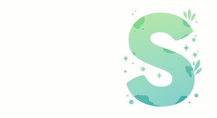 Fototapeta premium Decorative letter S with green watercolor design and leaves 