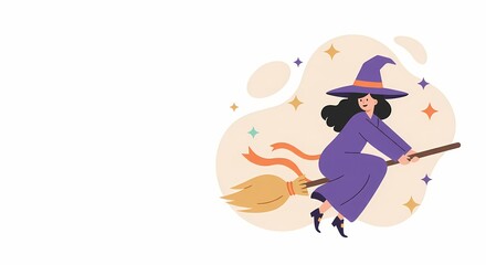 Cartoon witch flying on broomstick with stars in pastel background  