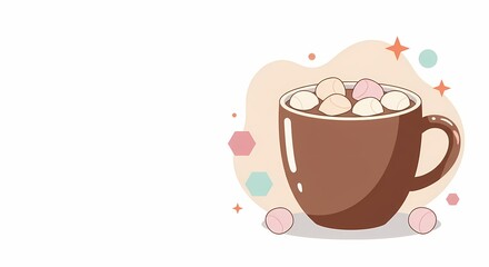 Warm cup of hot chocolate with marshmallows on pastel background  