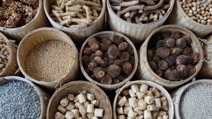 Top view of mixed dry goods in paper bags for grocery or eco packaging background