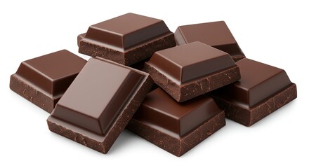 Fototapeta premium Pile of Rich Dark Chocolate Squares Isolated on White Background Appetizing Treat