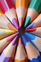 A detailed macro shot of colorful pencils arranged in a circular pattern with their sharpened tips pointing inward. The pencils display a spectrum of colors from red to violet.