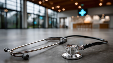 Close-up of black stethoscope lying on the floor, symbolizing medical tools, healthcare equipment, and professional diagnostic instruments