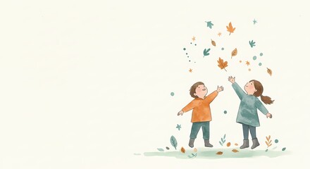 Naklejka premium Two children playing and catching falling leaves in autumn 