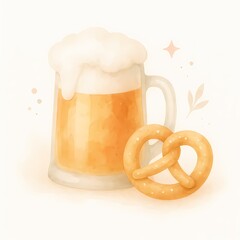 Beer mug with foam and pretzel on soft pastel background  