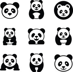 Panda icon silhouette set, cute animal vector, black and white illustration, cartoon panda poses, mascot design, minimal character art