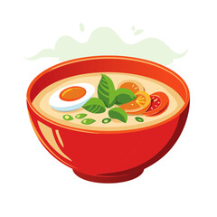 Red bowl of steaming hot Asian soup with egg basil and tomato