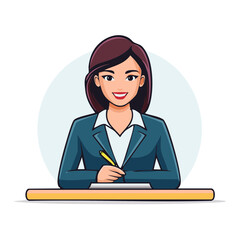 Smiling professional businesswoman in a suit writing at her desk cartoon illustration