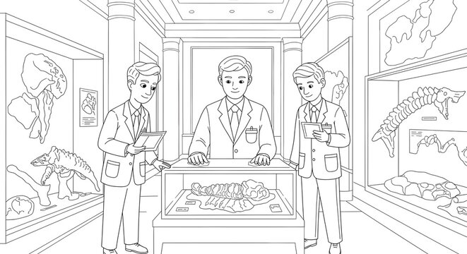 A paleontologist with two students examining an ancient fossil skeleton in a natural history museum exhibit