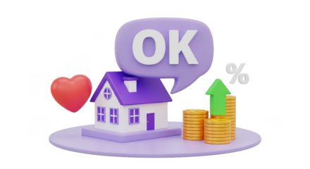 3d house with ok speech bubble and growing stack of coins isolated on white background