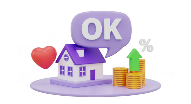 3d house with ok speech bubble and growing stack of coins isolated on white background