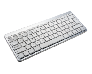 Slim silver wireless computer keyboard for typing and data entry, isolated on transparent background