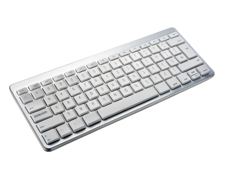 Slim silver wireless computer keyboard for typing and data entry, isolated on transparent background