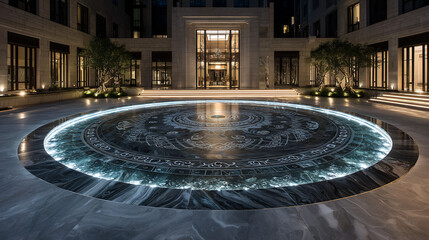 circular marble courtyard with intricate water feature at night