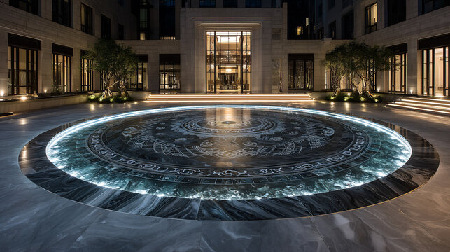 circular marble courtyard with intricate water feature at night