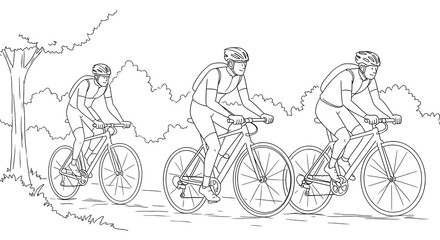 Fototapeta premium Group of three cyclists riding bicycles in a single file line on an outdoor path, a black and white line art illustration