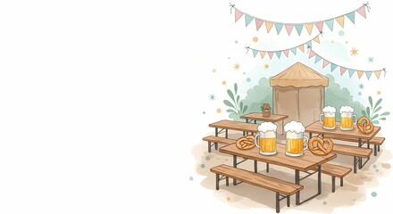 Obraz premium Beer garden with tables, pretzels, and festive decorations 